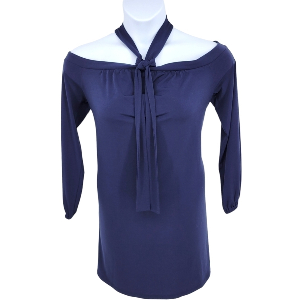 Michael Kors Cold Shoulder Halter Neck Dress, 3/4 Sleeve Navy Blue Size M